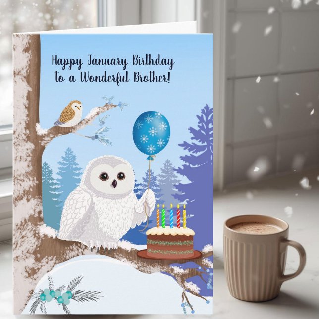 Carte Brother Happy January Birthday Snowy Owl (Créateur téléchargé)