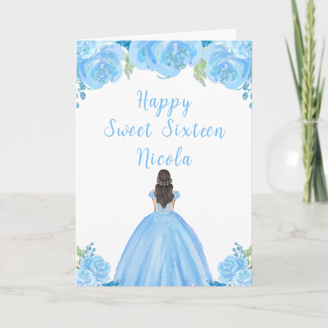 Carte Brown Cheveux Princesse Blue Floral Sweet sixteen (Devant)