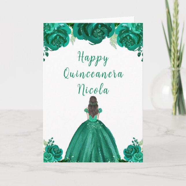 Carte Brown Cheveux Princesse Green Floral Quinceanera (Devant)
