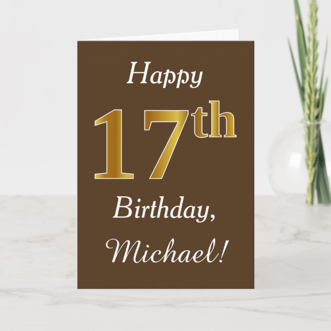 Carte Brown, Faux Gold 17e anniversaire + Nom personnali (Devant)