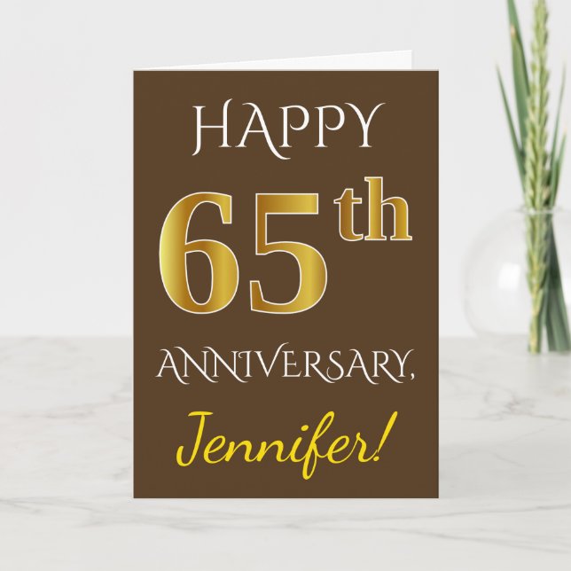 Carte Brown, Faux Gold 65e anniversaire de Mariage + nom (Devant)