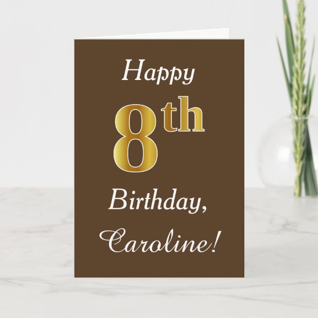 Carte Brown, Faux Gold 8ème anniversaire + Nom personnal (Devant)