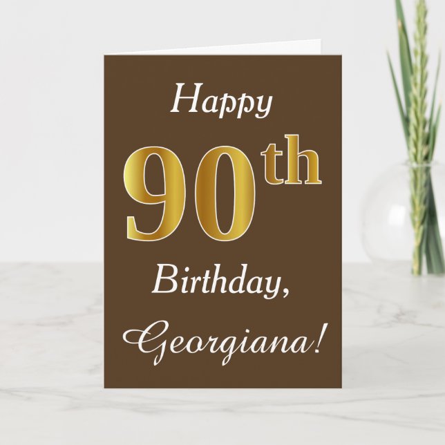 Carte Brown, Faux Gold 90e anniversaire + Nom personnali (Devant)
