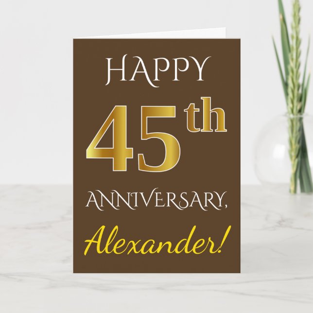 Carte Brown, Faux Or 45e Anniversaire de Mariage + Nom (Devant)