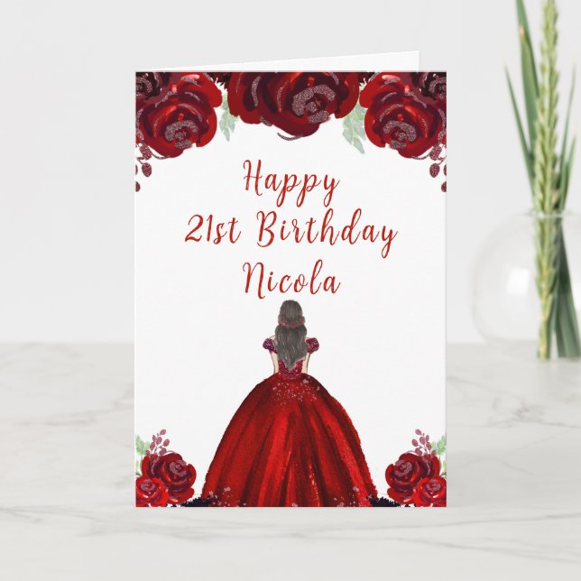 Carte Brown Hair Princess Red Floral Birthday (Devant)