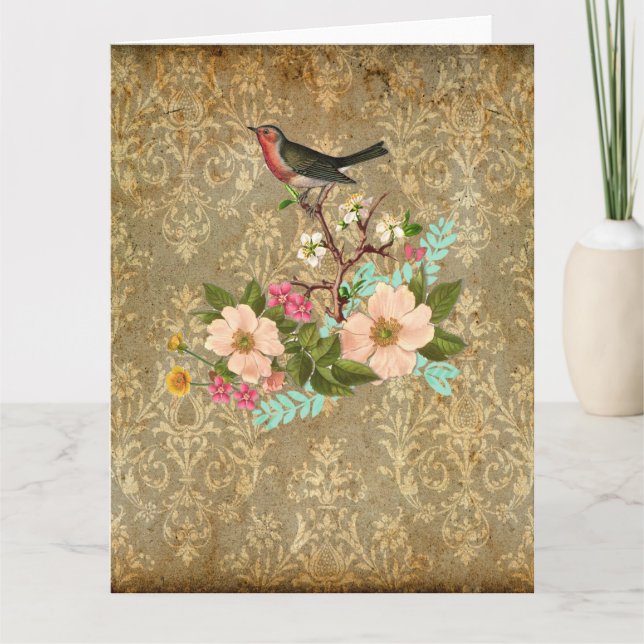 Carte brun floral de victorian d'oiseau de damassé (Devant)
