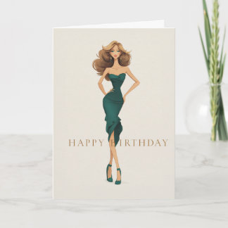 Carte Brunette en élégante robe sarcelle foncé mode anni