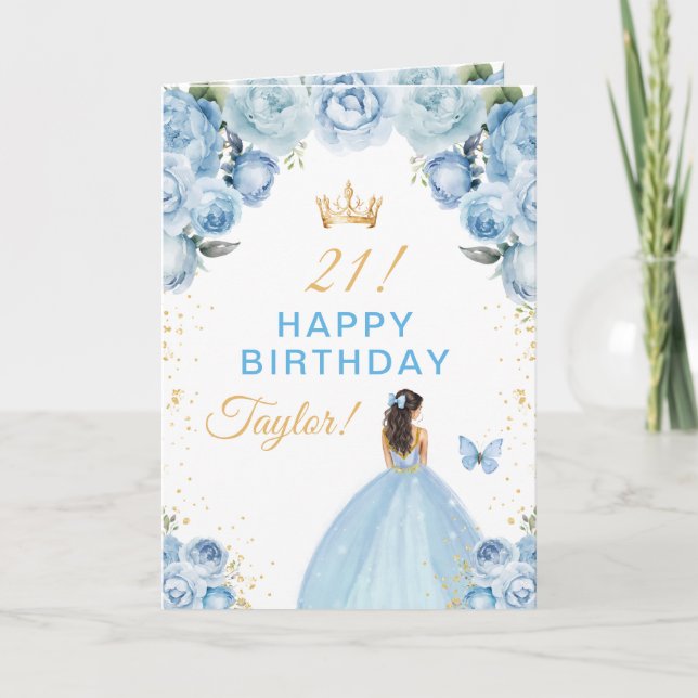 Carte Brunette Fleur Bleue Fille Joyeux Anniversaire (Devant)