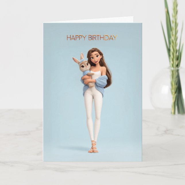 Carte Brunette Girl in Blue Cardigan w/ White Bunny BDay (Devant)