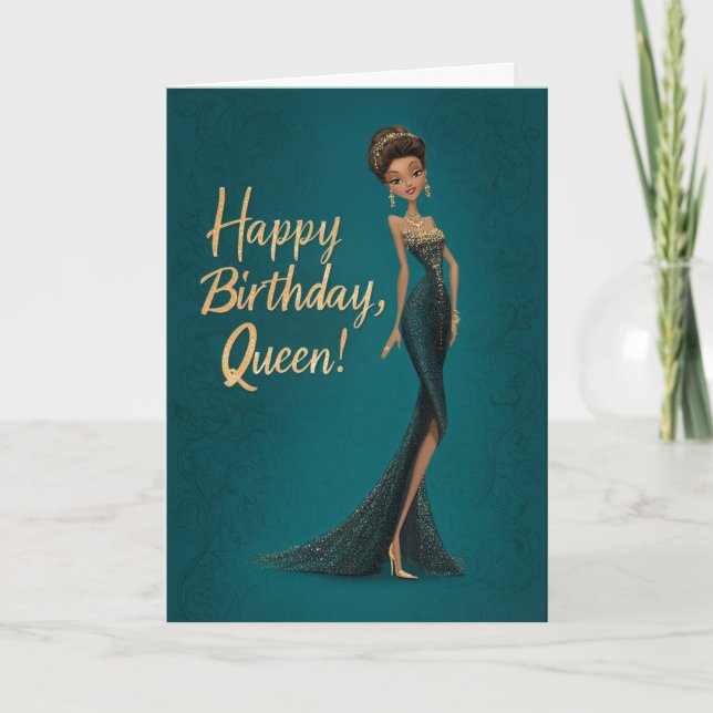 Carte Brunette Girl in Dark Teal Gown Happy BDay Queen (Devant)