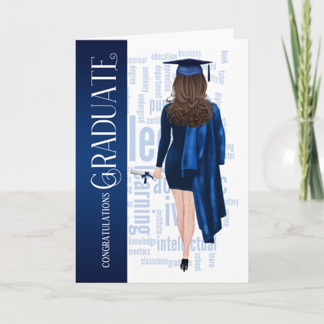 Carte Brunette Hair Blue Casquette et Gown Femme Diplômé (Devant)