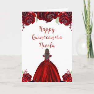 Carte Brunette Hair Princesse Rouge Floral Quinceanera