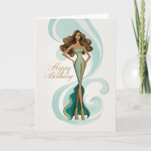 Carte Brunette in Elegant Teal Gold Glam Fashion BDay (Devant)