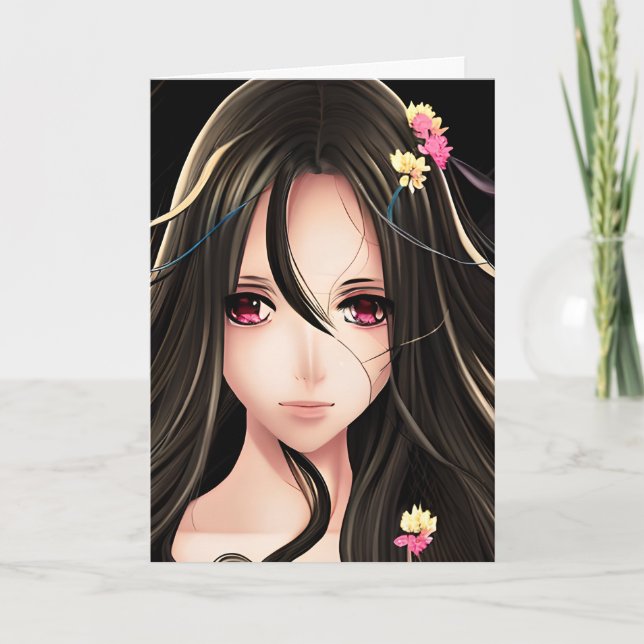 Carte Brunette Rose Eyed Anime Girl Cartoon (Devant)