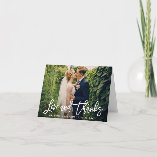 Carte Brush Script Mariage Photo Love Thanks Modern Note (Devant)