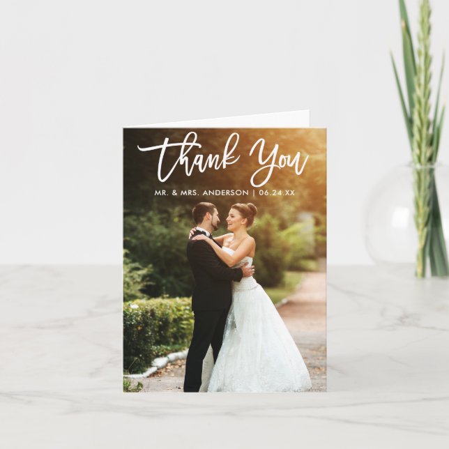 Carte Brush Script Mariage photo pliée Merci note (Devant)