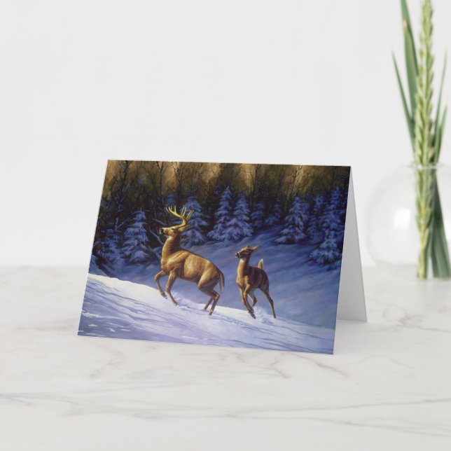 Carte Buck & Doe de cerf blanc en neige hivernale (Devant)