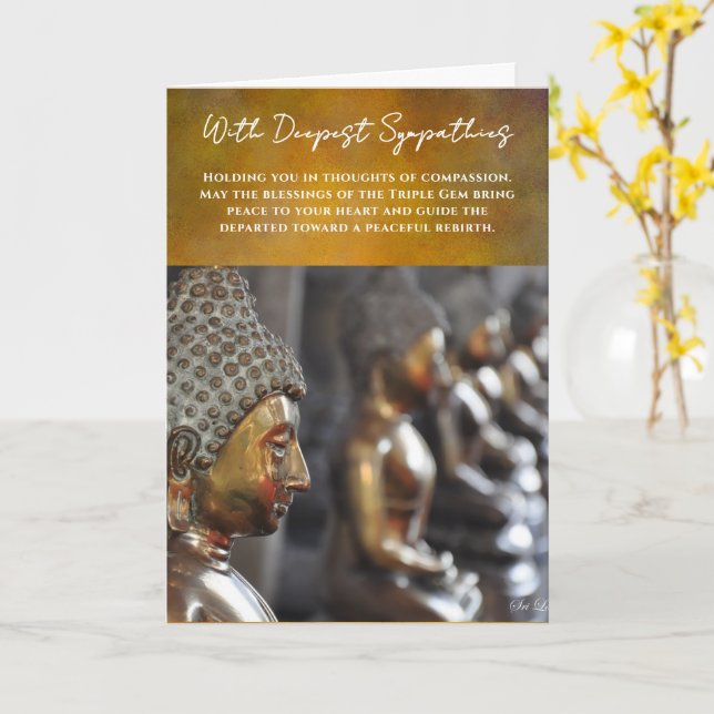 Carte Buddhist Sympathy Card with Golden Buddha Statues (Fleur jaune)