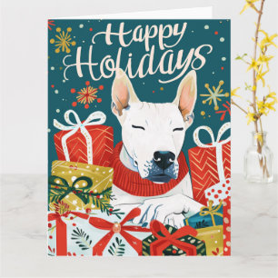 Carte Bull Terrier avec boîtes cadeaux Noël