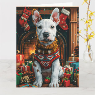 Carte Bull Terrier avec cheminée de cadeaux de Noël