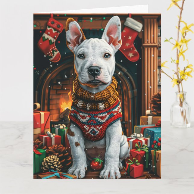 Carte Bull Terrier avec les cadeaux de Noël cheminée (Fleur jaune)
