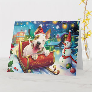 Carte Bull Terrier Chien en Traîneau Neige Noël