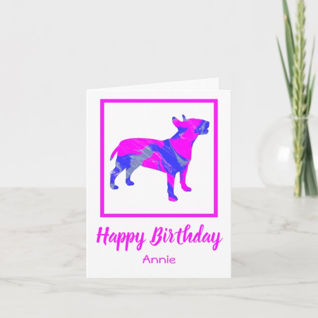 Carte Bull Terrier Chien rose Silhouette Funny Anniversa (Devant)