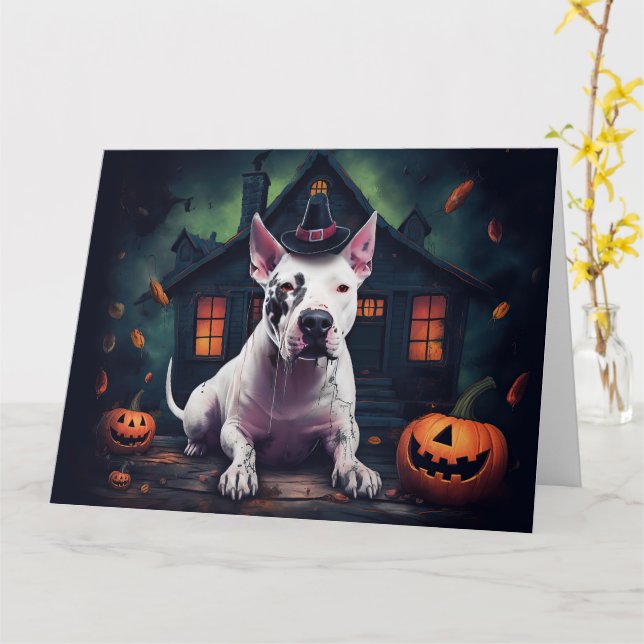 Carte Bull Terrier Citrouille Halloween effroi (Fleur jaune)