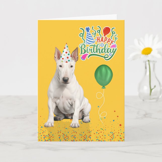 Carte Bull Terrier Dog Party Hat Yellow Birthday (Petite plante)