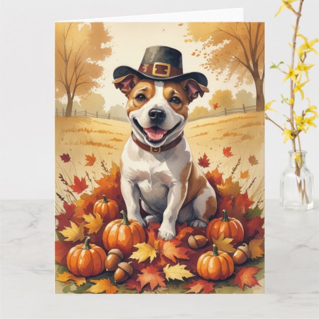Carte Bull Terrier En Automne Quitte L'Art Thanksgiving (Fleur jaune)