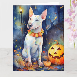 Carte Bull Terrier Halloween avec citrouilles effrayant 
