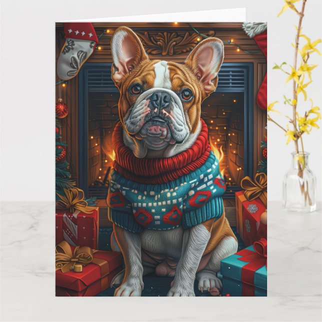 Carte Bulldog avec la cheminée de cadeaux de Noël (Fleur jaune)