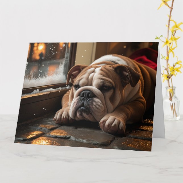 Carte Bulldog avec les lumières de Noël (Fleur jaune)