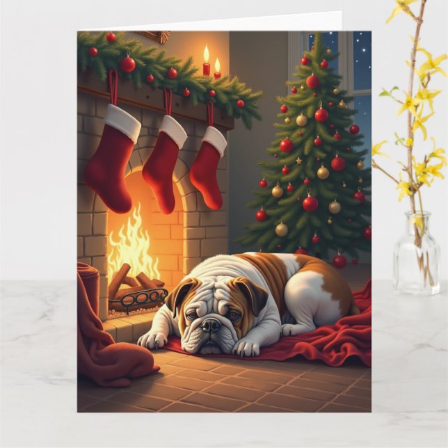 Carte Bulldog by the Fireplace Christmas Painting (Fleur jaune)