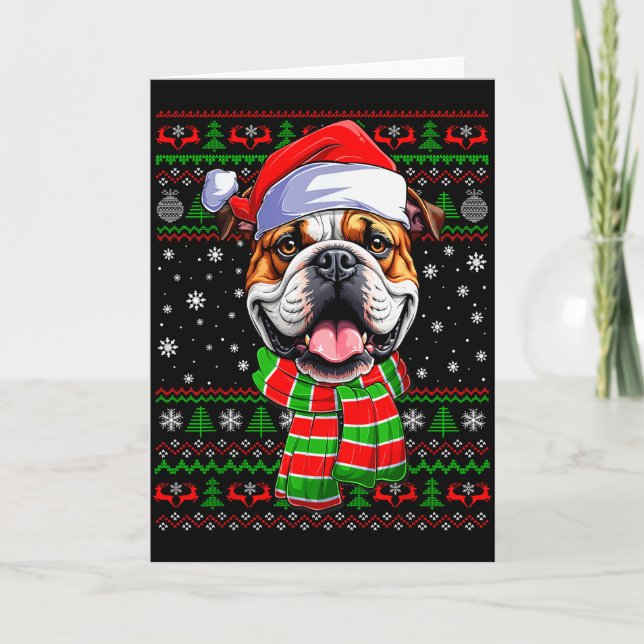 Carte Bulldog Christmas Ugly Sweater Funny Santa Hat Dog (Devant)