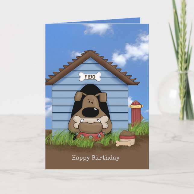 Carte bulldog dans la maison de chien pour anniversaire (Devant)
