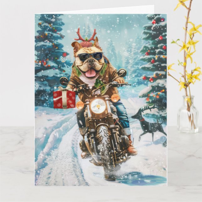 Carte Bulldog équitation moto Noël (Fleur jaune)