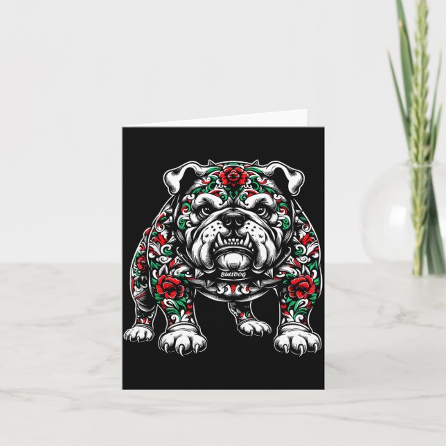 Carte Bulldog Floral Red Rose Mens Womens  (Devant)