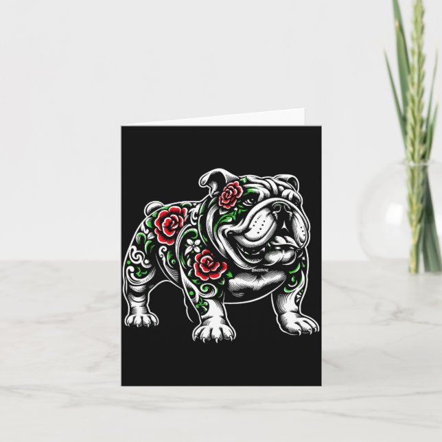 Carte Bulldog Floral Red Rose Mens Womens  (Devant)