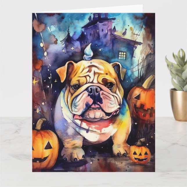 Carte Bulldog Halloween avec citrouilles effrayant (Petite plante)