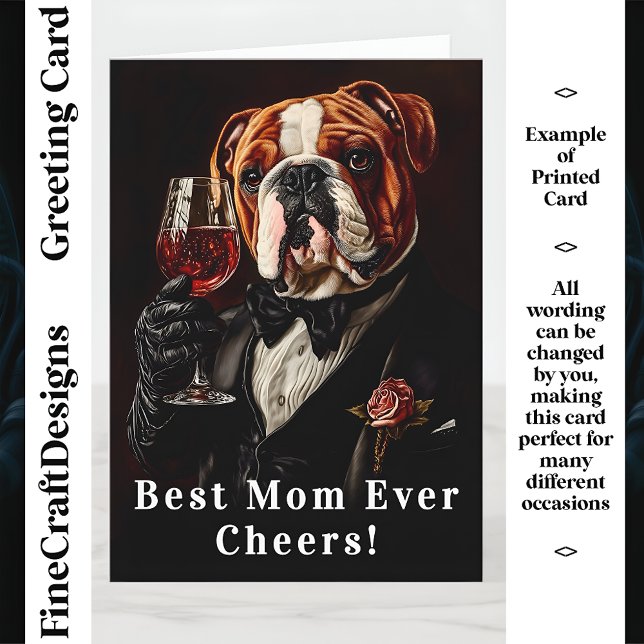 Carte Bulldog In Tuxedo & Wine CR8 Nom personnalisé Mère (Créateur téléchargé)