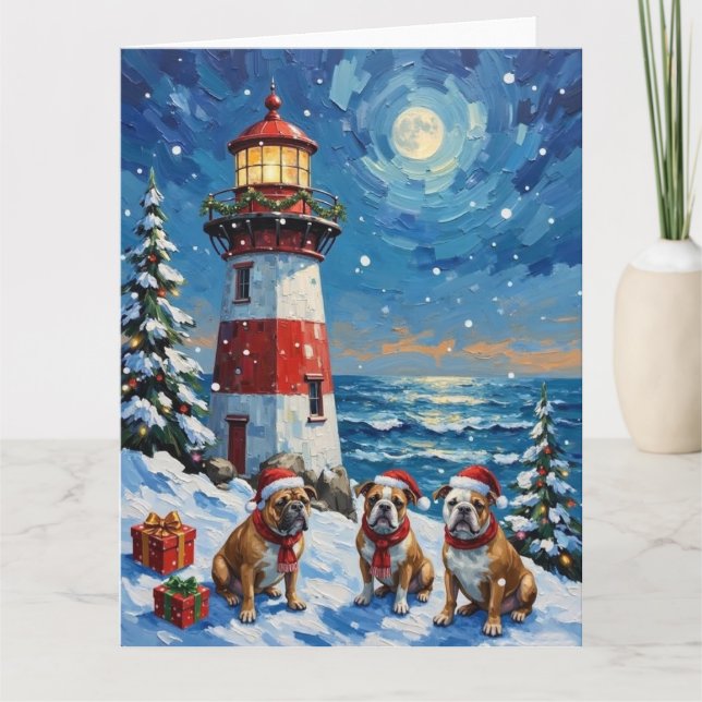 Carte Bulldog Phare de Noël Vacances (Devant)