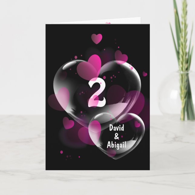 Carte Bulles cardiaques du 2e anniversaire sur le noir (Devant)