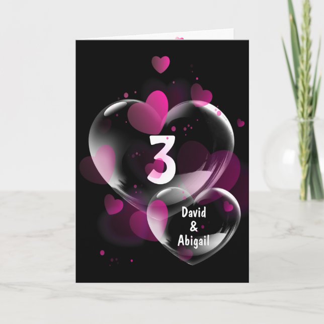 Carte Bulles cardiaques du 3e anniversaire sur le noir (Devant)