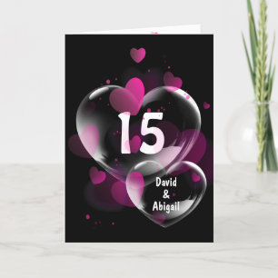 Carte Bulles de cœur pour 15e anniversaire sur fond noir