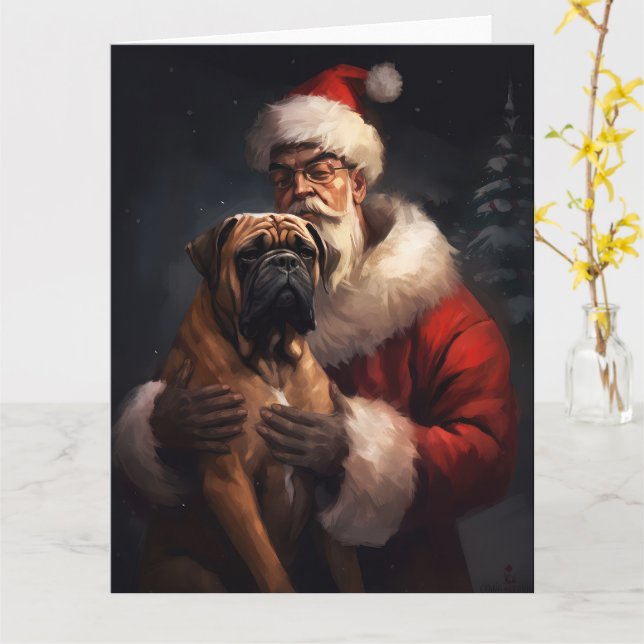 Carte Bullmastiff avec Noël Festif du Père Noël (Fleur jaune)