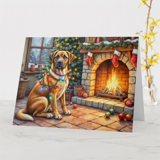 Carte Bullmastiff Fireplace with Christmas Lights (Fleur jaune)