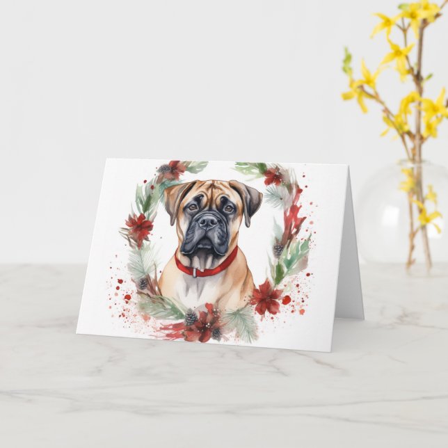 Carte Bullmastiff Noël Wreath Festive Pup (Fleur jaune)
