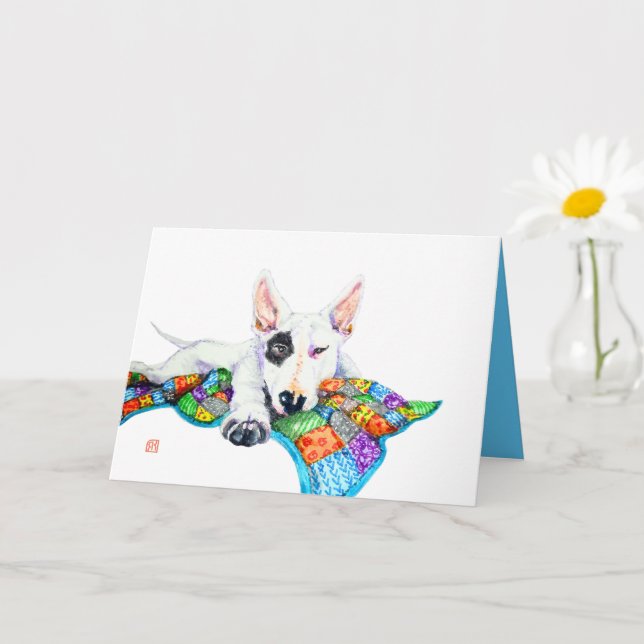 Carte Bullterrier blanc sur Patchwork - Art (Petite plante)