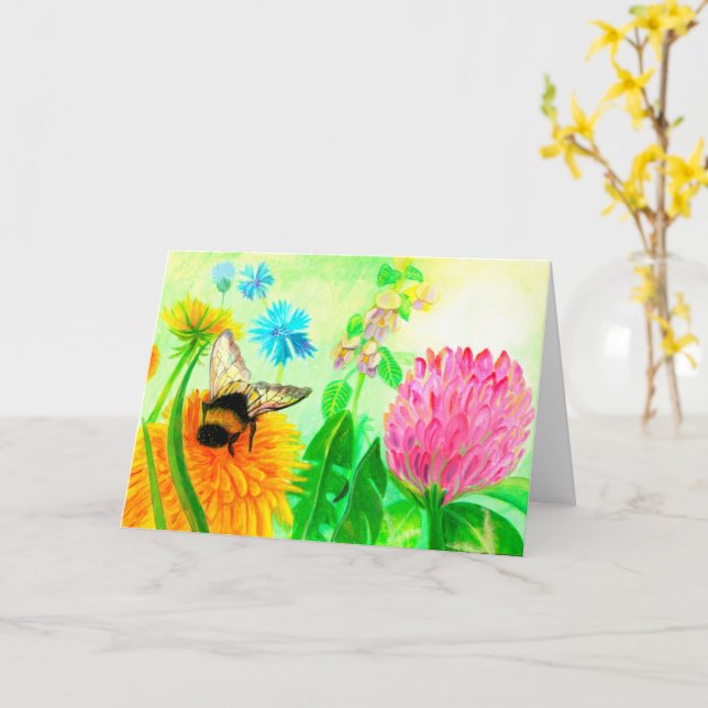 Carte Bumblebebe sur le pandelion Anniversaire (Fleur jaune)